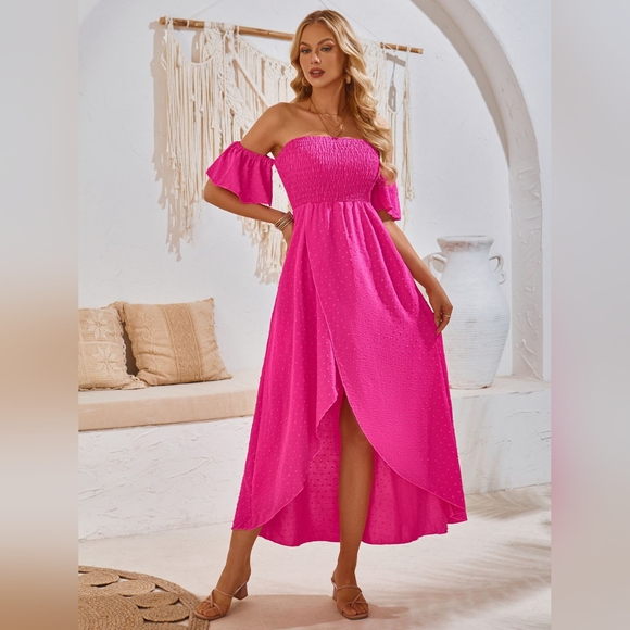 High-Low Smocked Short Sleeve Midi Dress - Picture 2 of 6